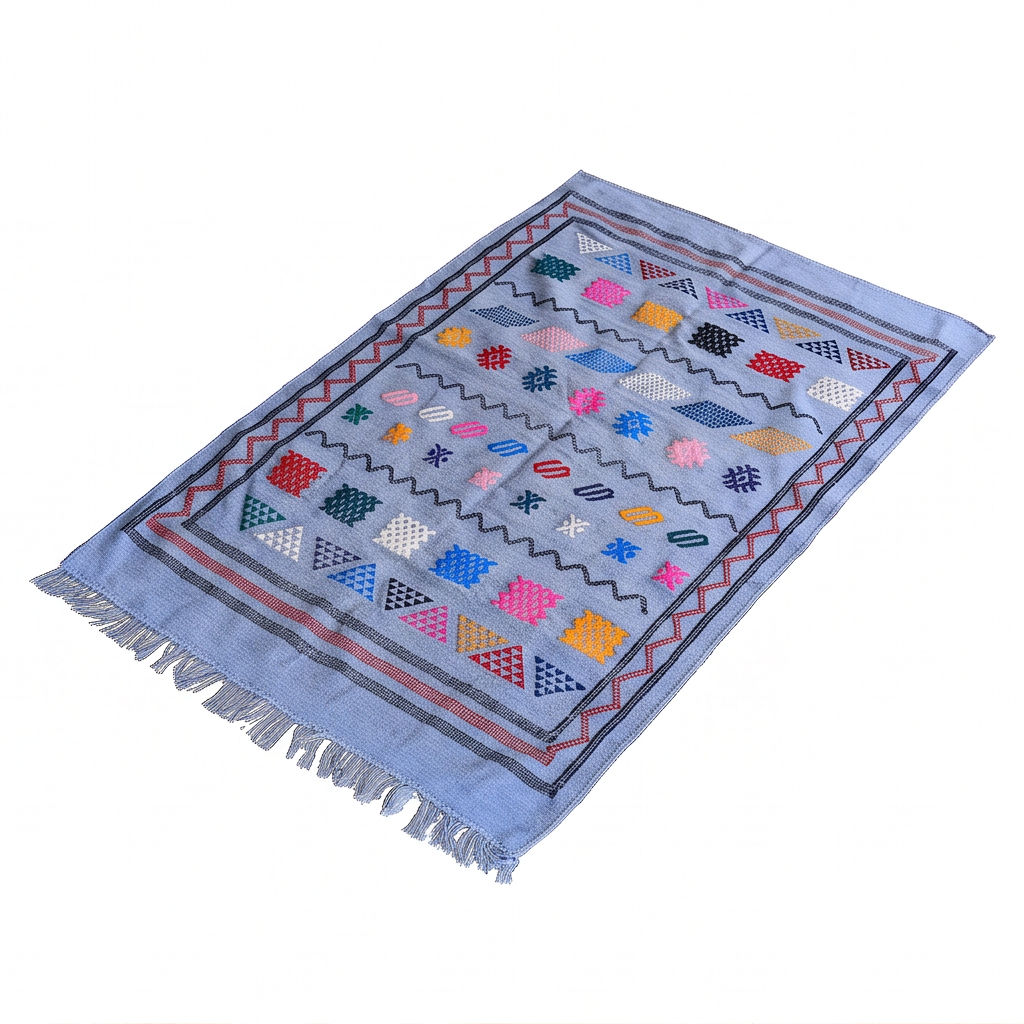 Tapis berbère bleu ciel motifs multicolores