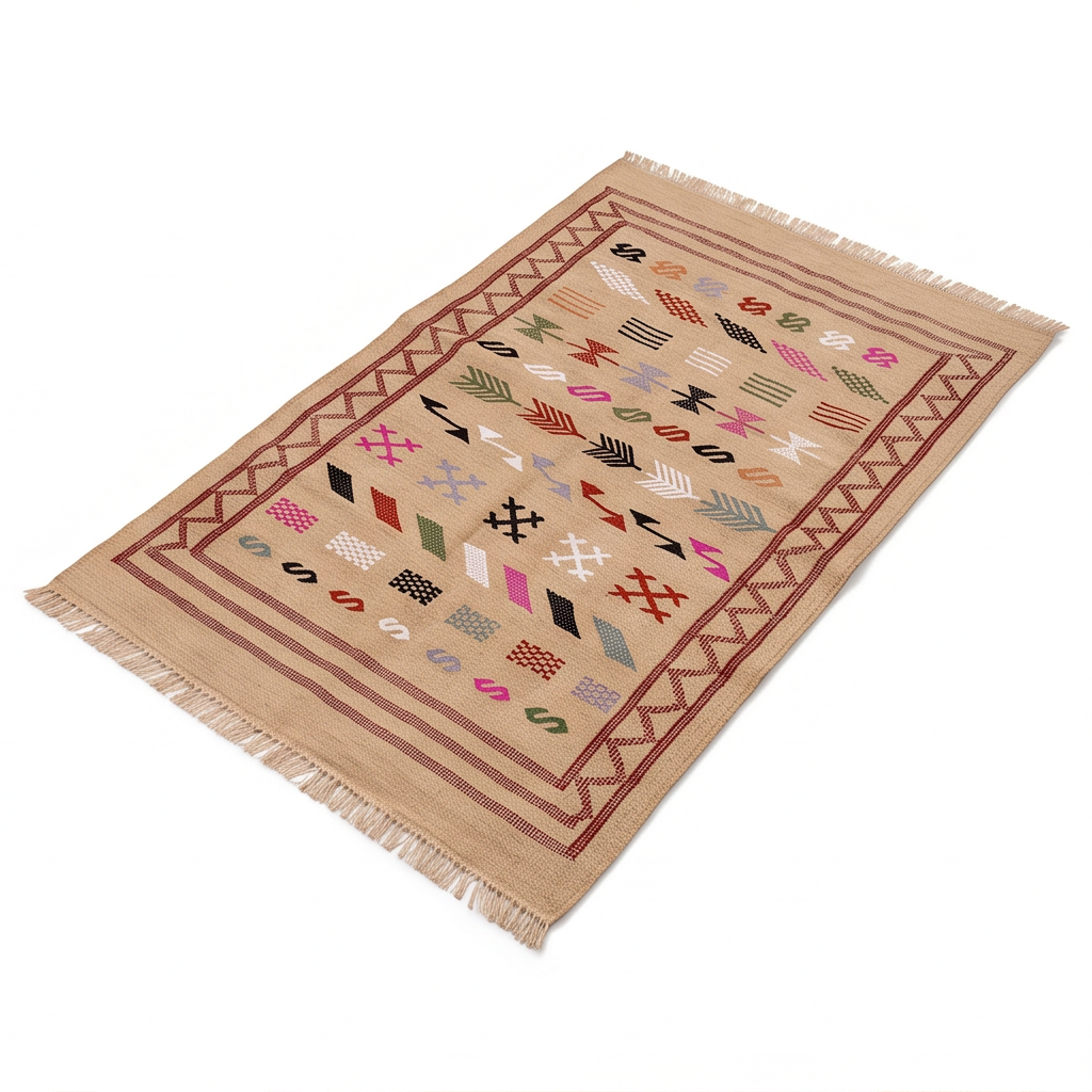 Tapis marocain beige Sabra bordure bordeaux