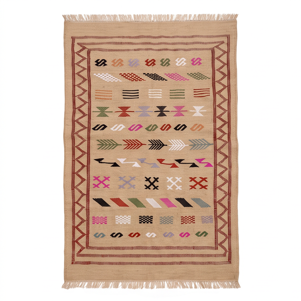 Tapis marocain beige Sabra bordure bordeaux