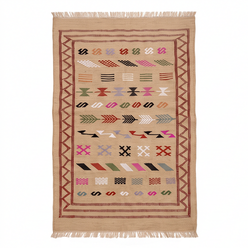 Tapis marocain beige Sabra bordure bordeaux