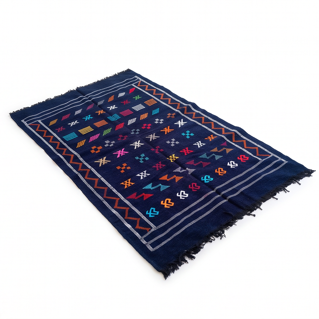 Tapis berbère bleu marine bordure orange