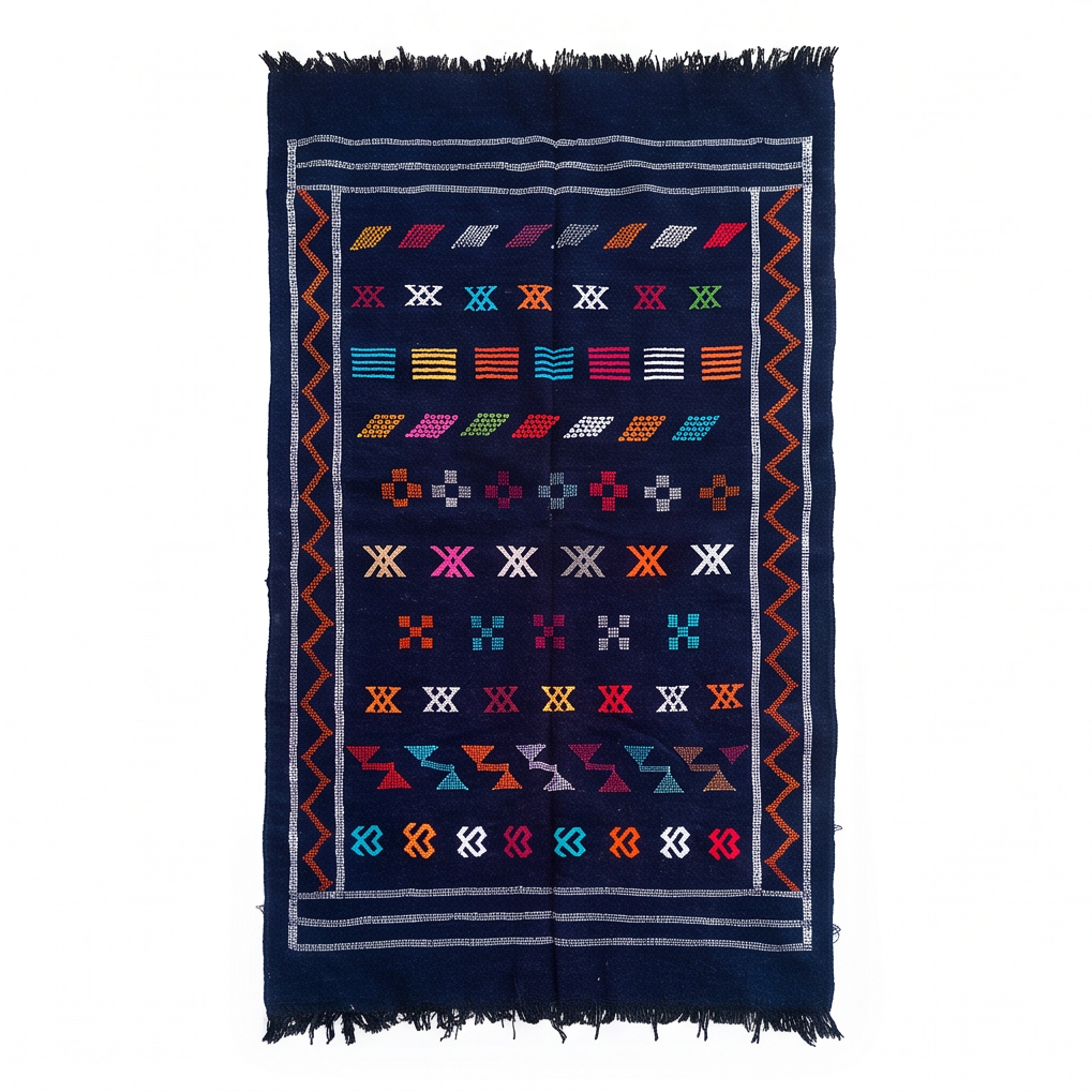 Tapis berbère bleu marine bordure orange
