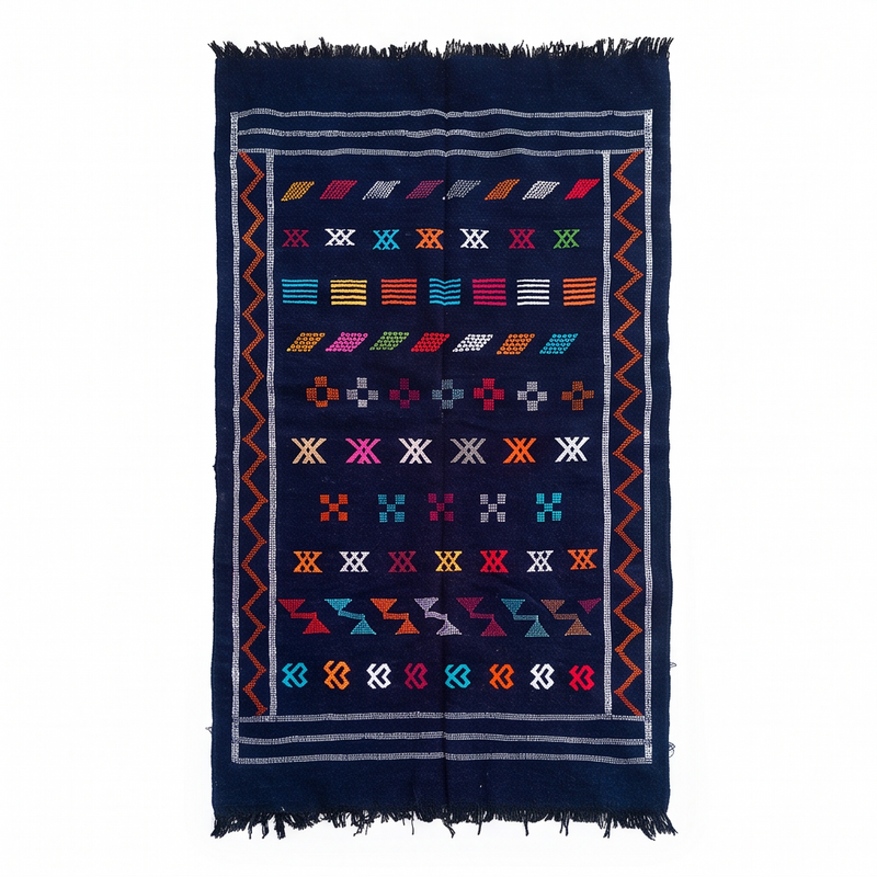 Tapis berbère bleu marine bordure orange
