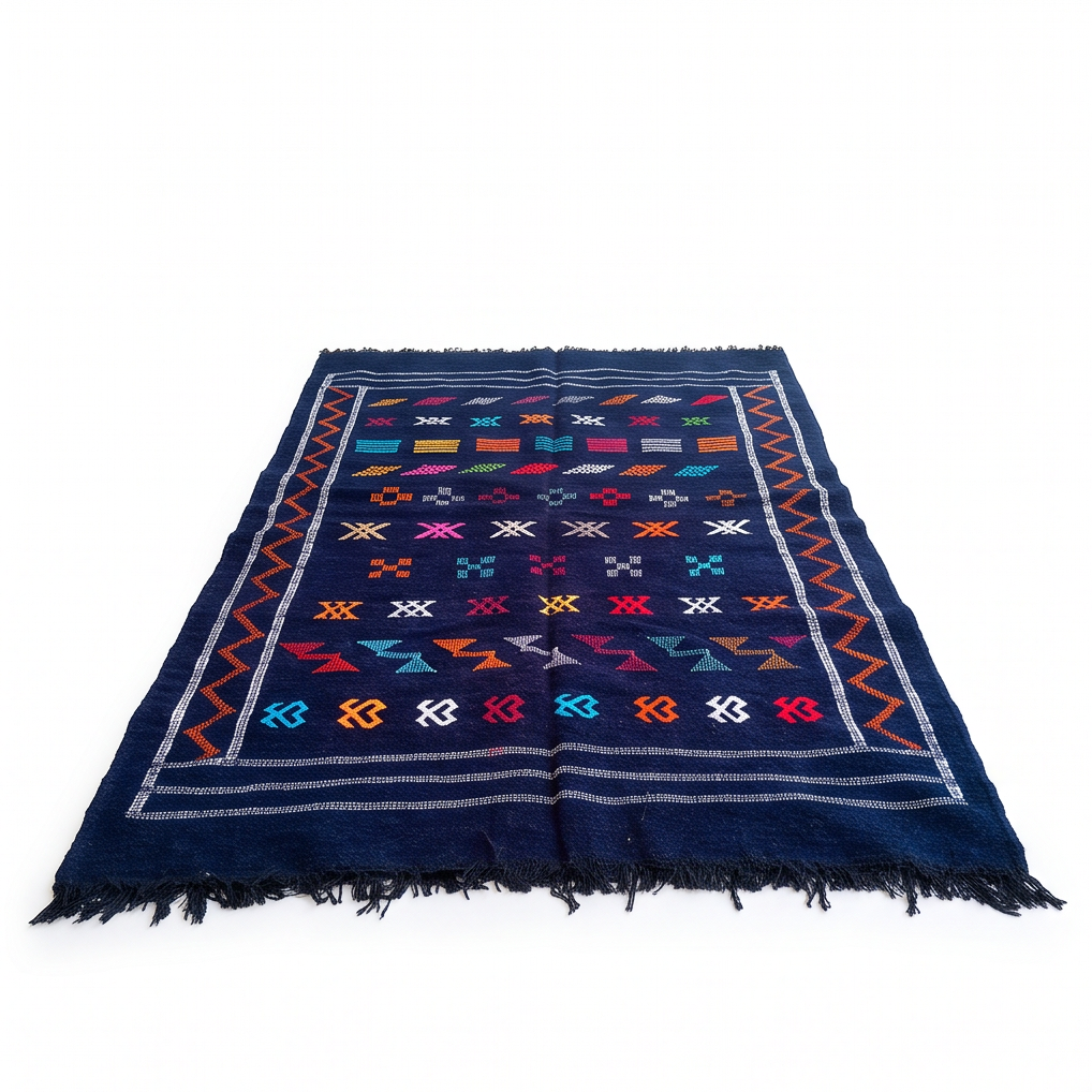 Tapis berbère bleu marine bordure orange