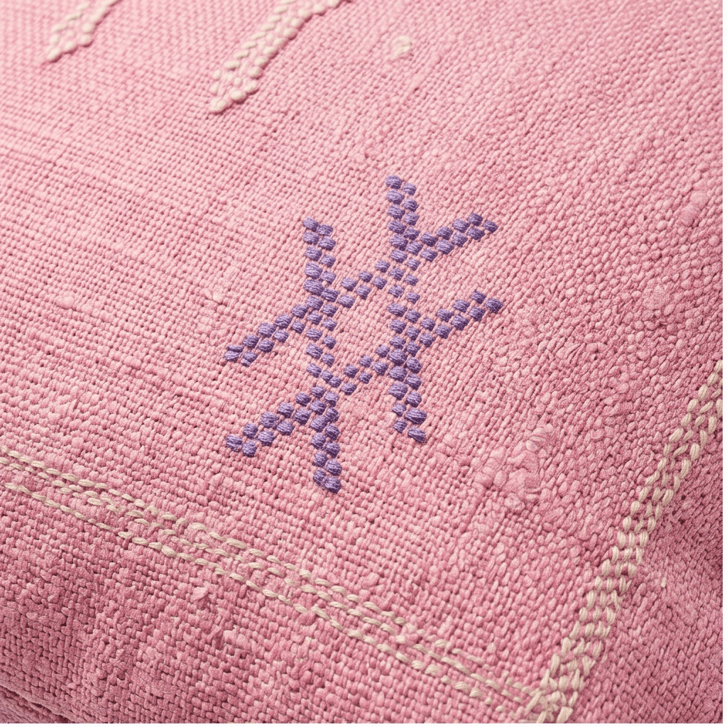 Coussin Cactus Soie rose à motifs bleus