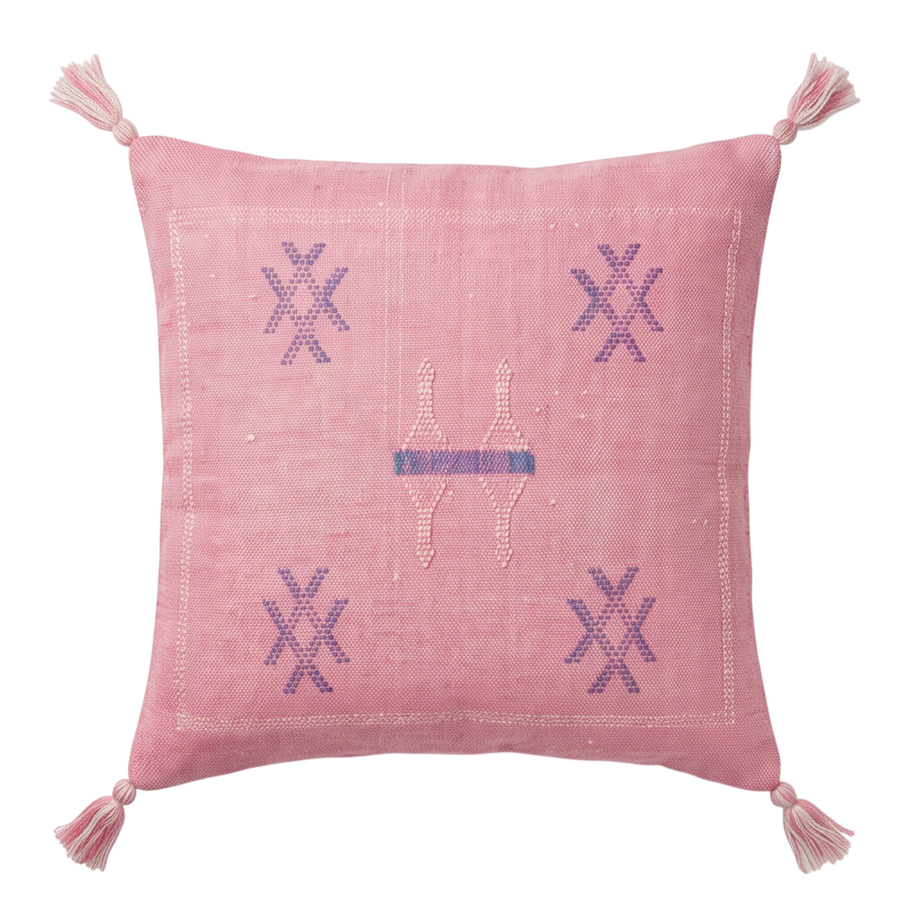 Coussin Cactus Soie rose à motifs bleus