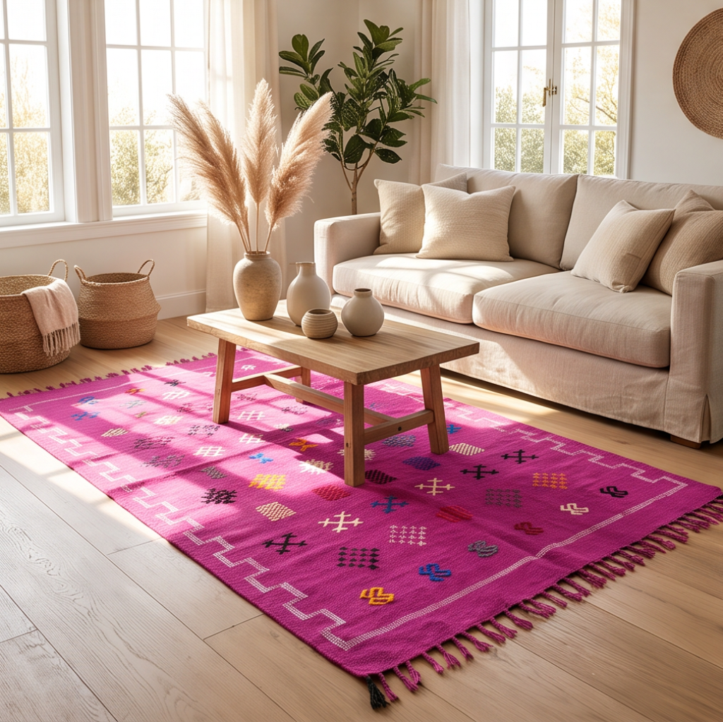 Tapis berbère fuchsia bordure clé grecque