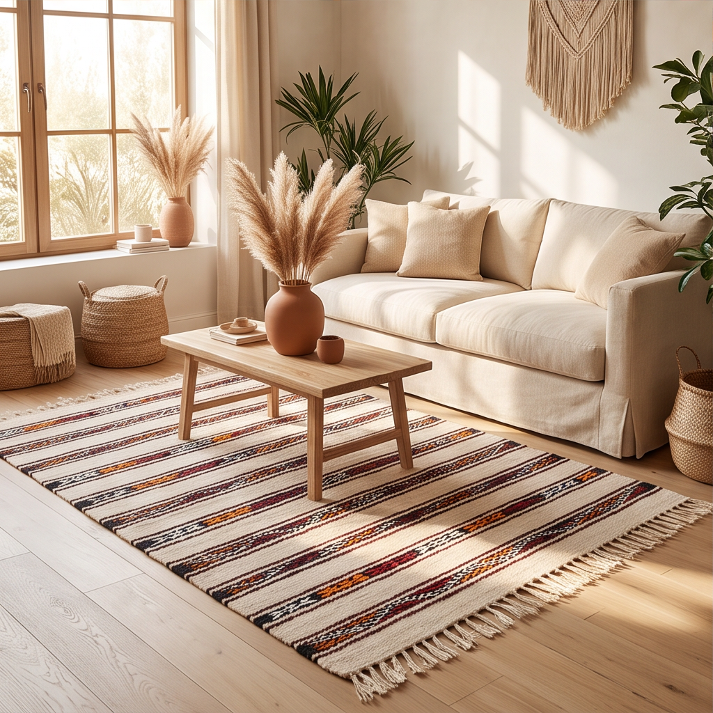 Tapis berbère écru rayures ocre berbère 75x130 cm