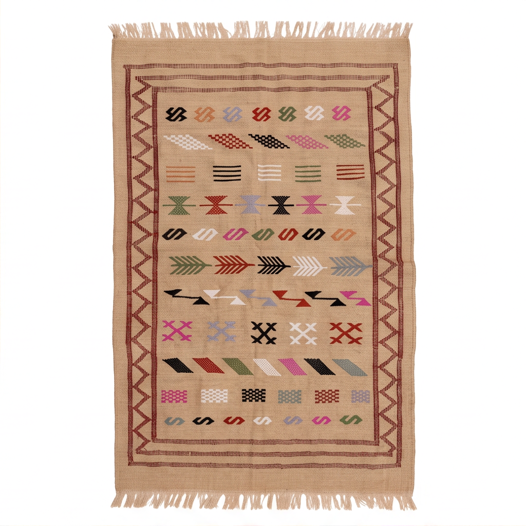 Tapis marocain beige Sabra bordure bordeaux