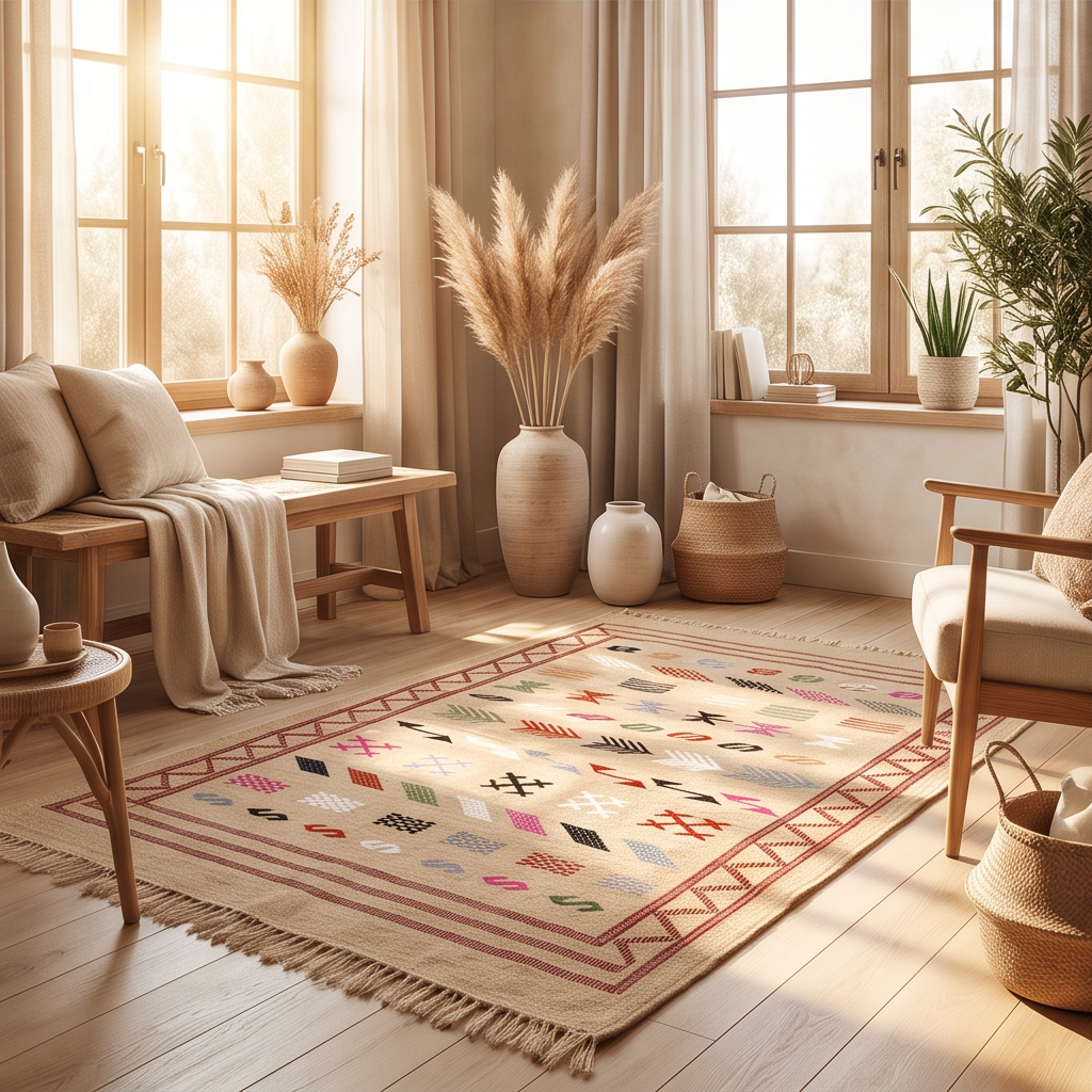 Tapis marocain beige Sabra bordure bordeaux