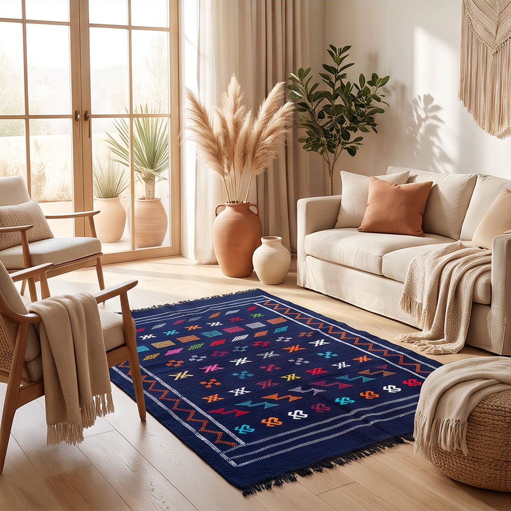 Tapis berbère bleu marine bordure orange