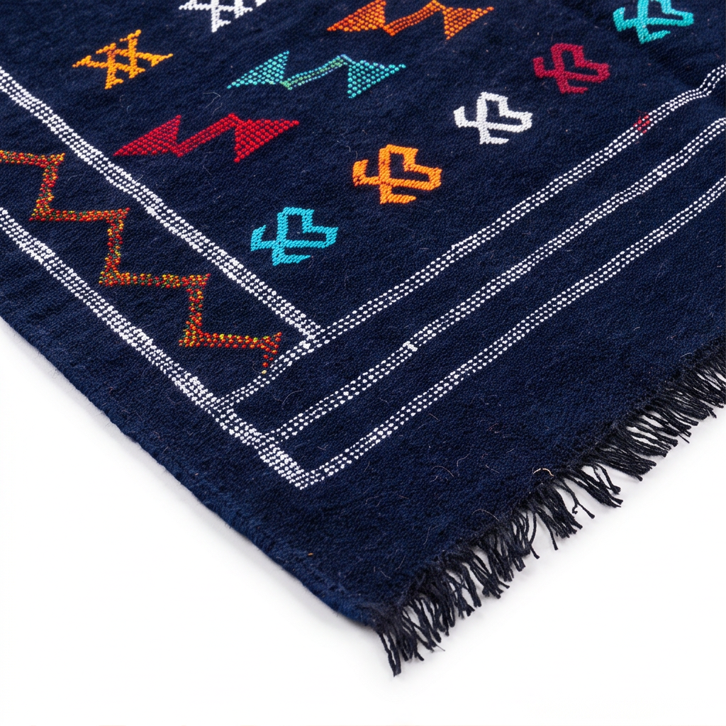 Tapis berbère bleu marine bordure orange