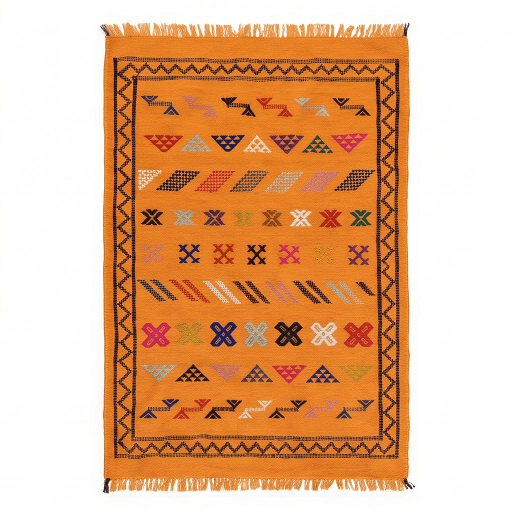Tapis berbère orange bordure zigzag