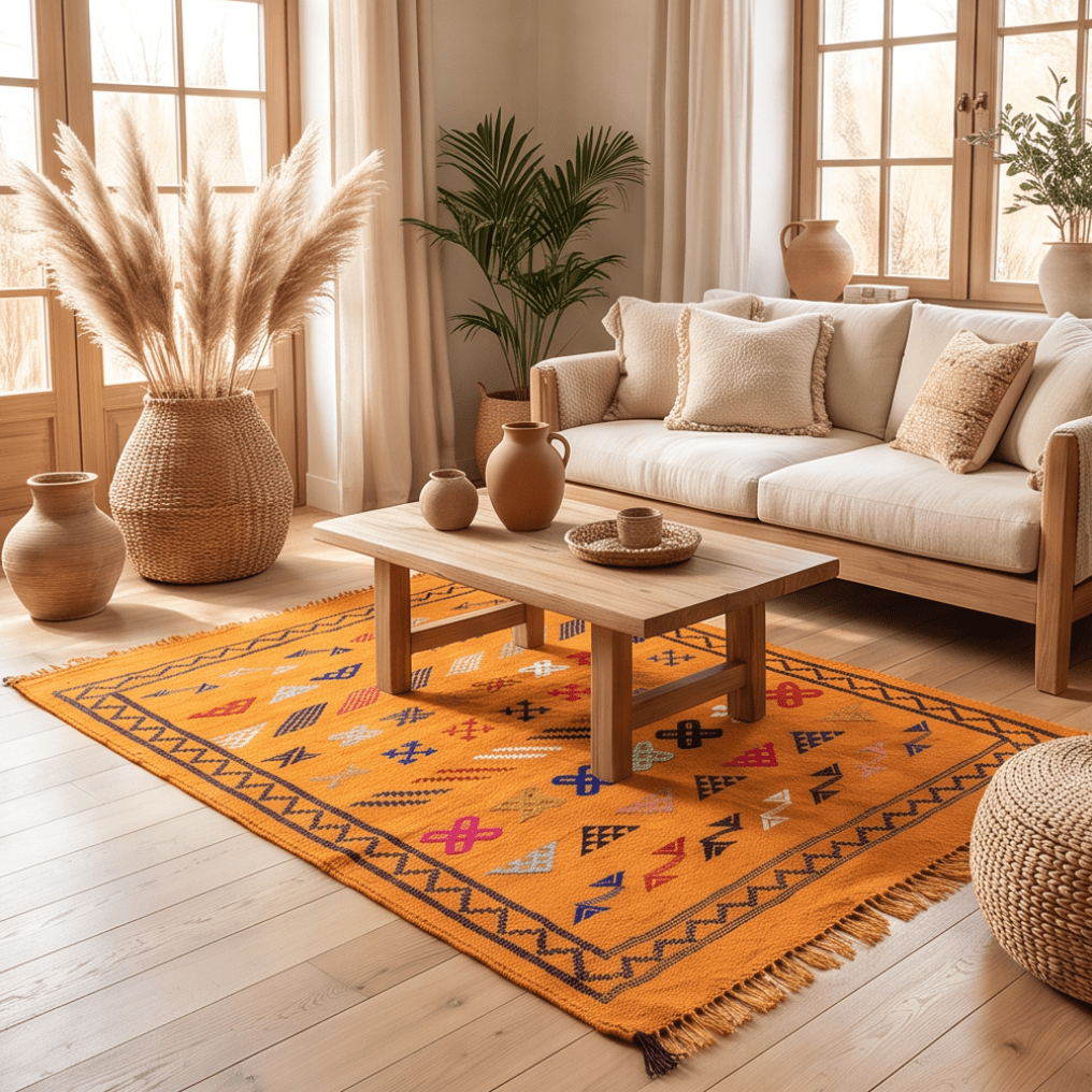Tapis berbère orange bordure zigzag