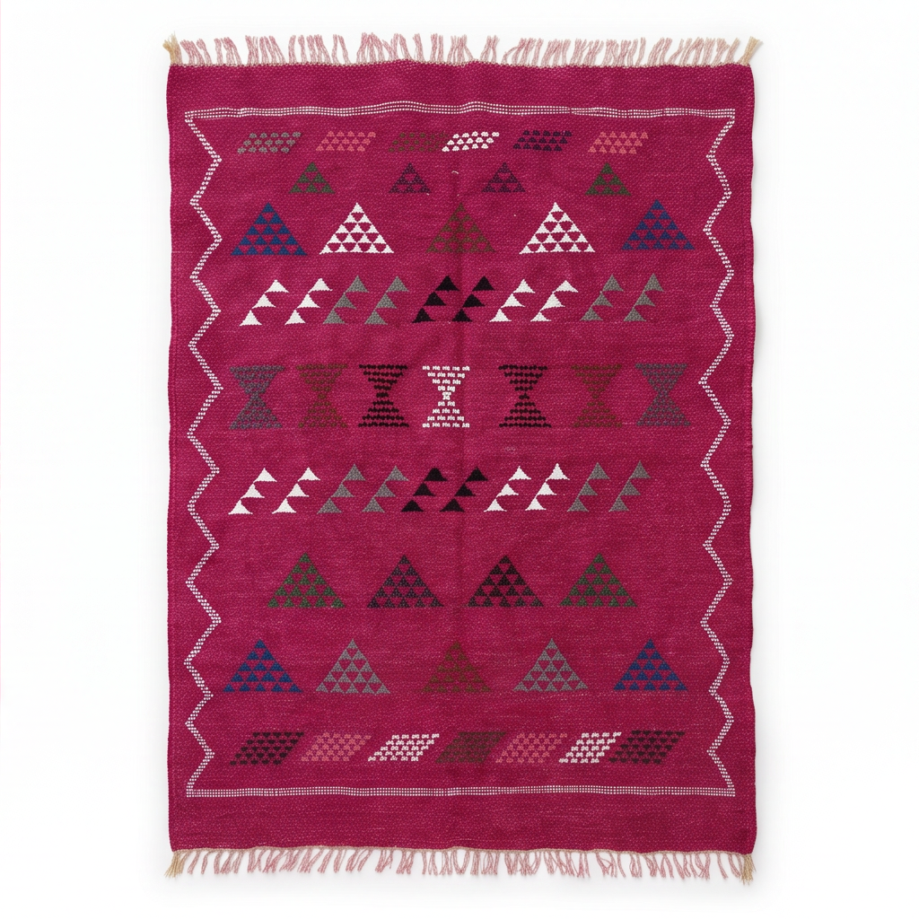 Tapis berbère fuchsia triangles bordure zigzag