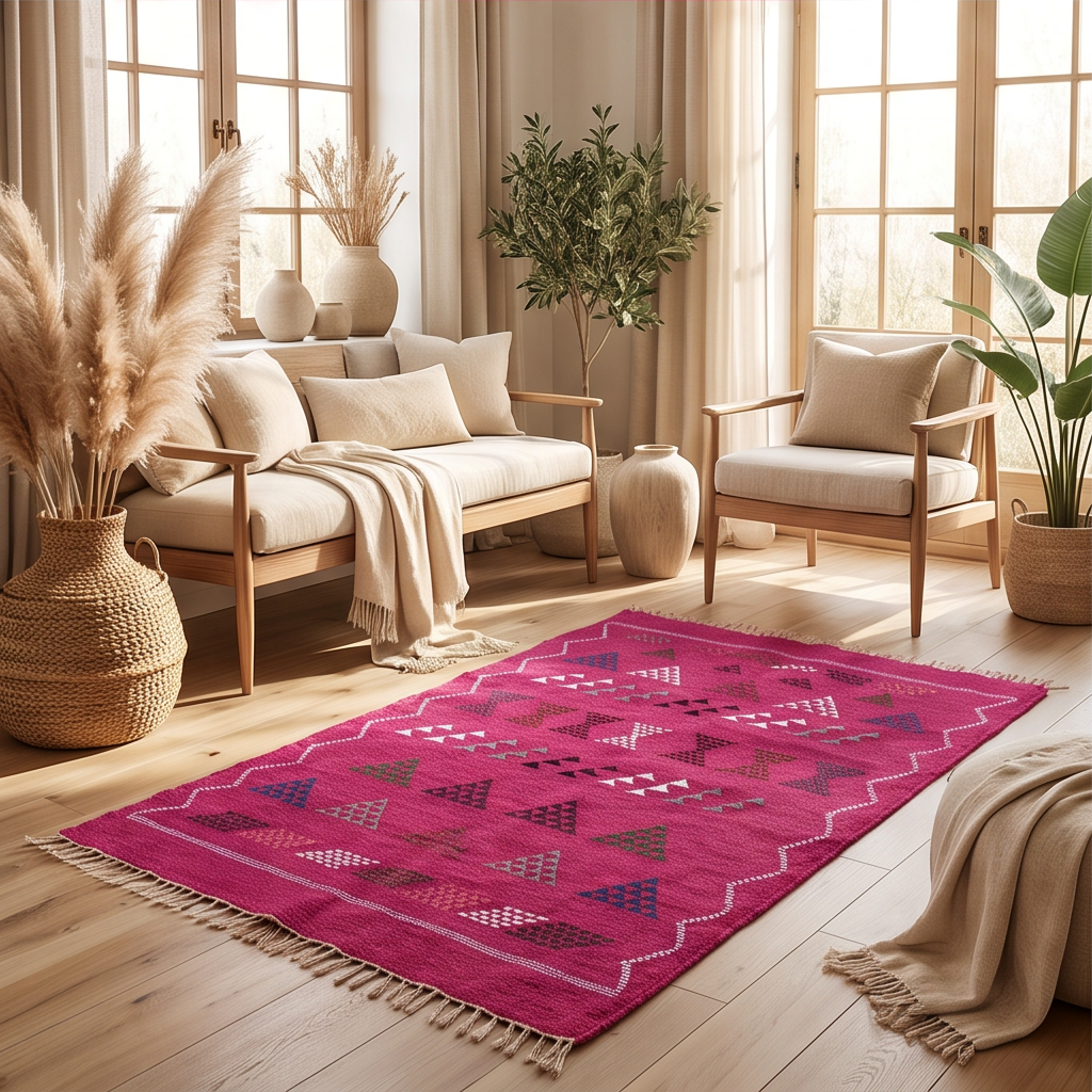Tapis berbère fuchsia triangles bordure zigzag