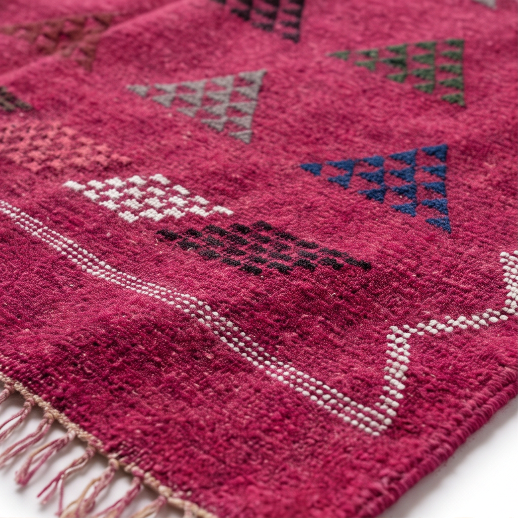 Tapis berbère fuchsia triangles bordure zigzag