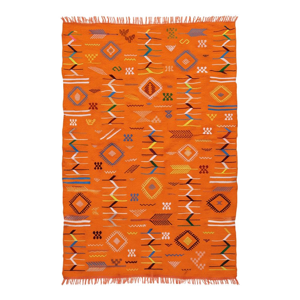 Tapis berbère orange motifs multicolores