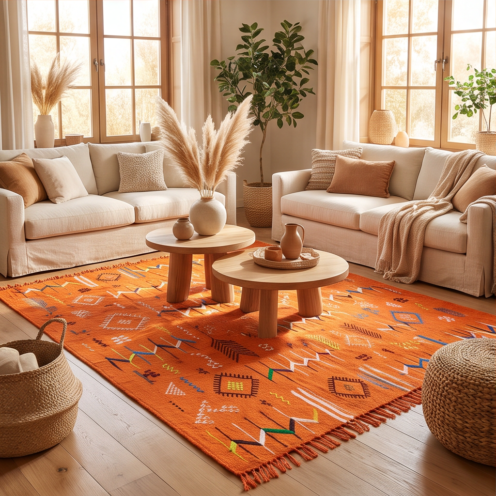 Tapis berbère orange motifs multicolores