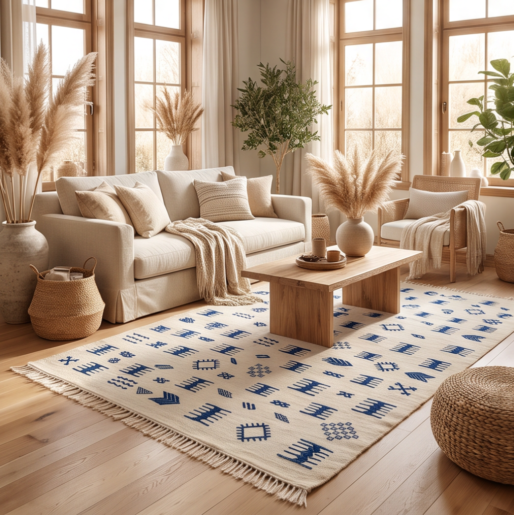 Tapis marocain kilim motifs bleu marine