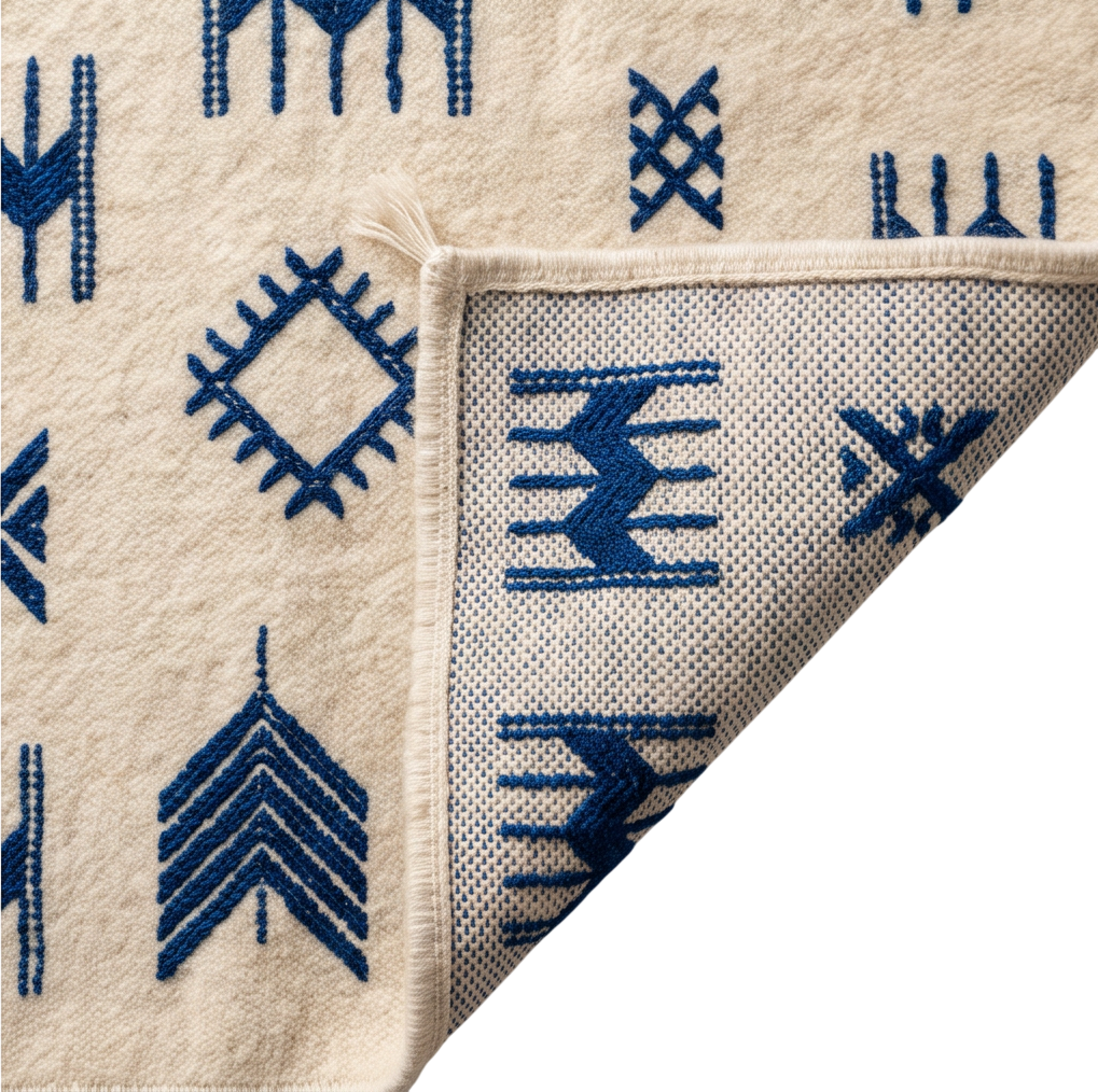 Tapis marocain kilim motifs bleu marine