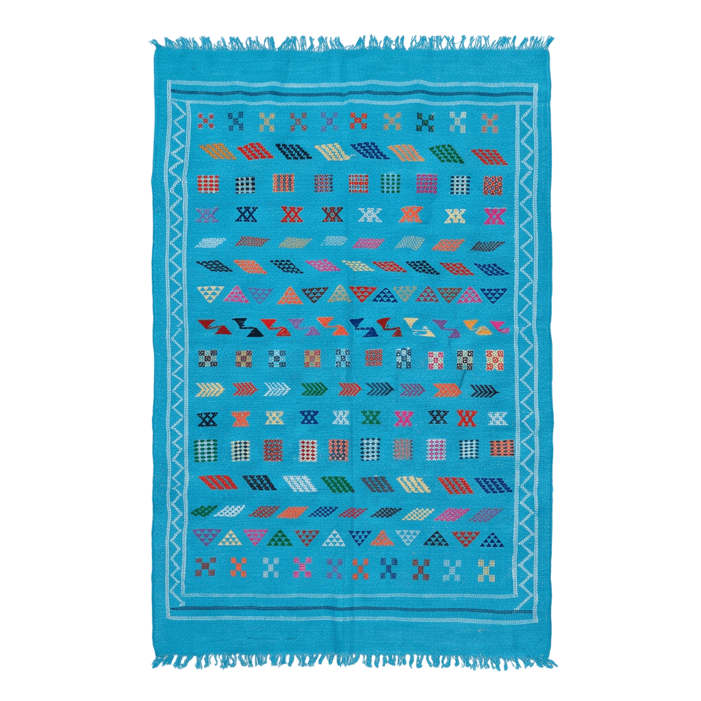 Tapis berbère bleu turquoise motifs multicolores