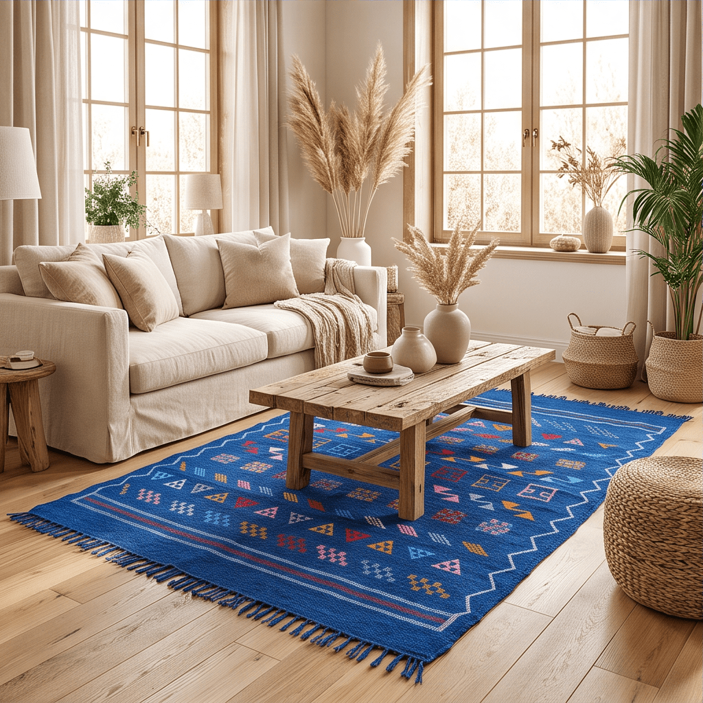 Tapis berbère bleu roi motifs multicolores