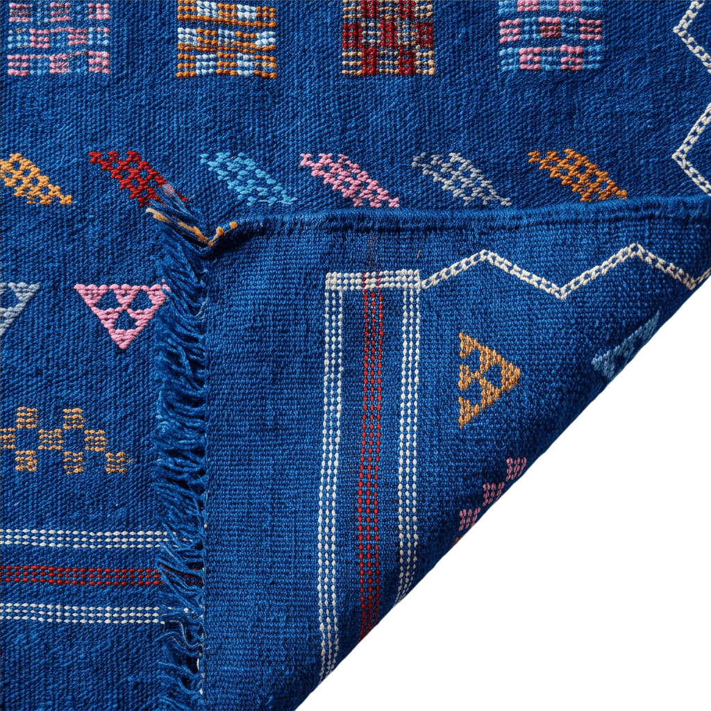Tapis berbère bleu roi motifs multicolores