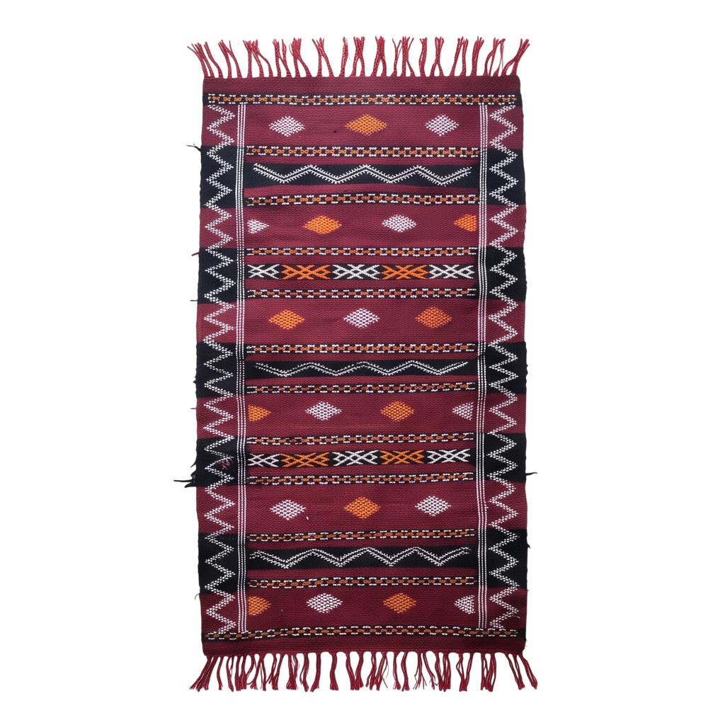 Tapis Kilim bordeaux et noir motifs berbères