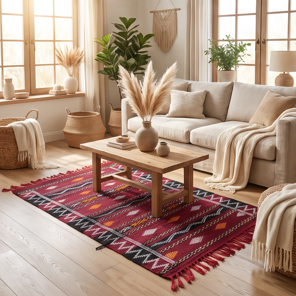 Tapis Kilim bordeaux et noir motifs berbères