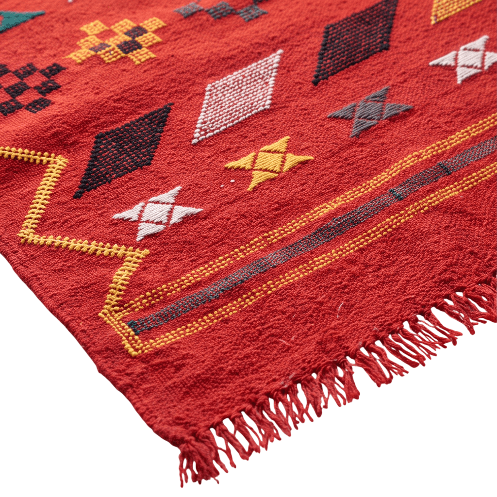 Tapis berbère rouge vif motifs multicolores