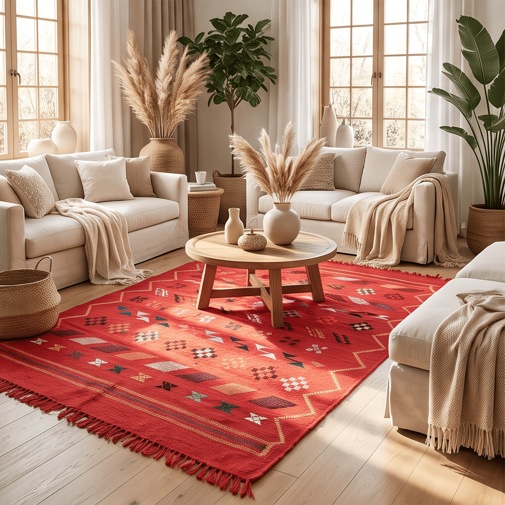 Tapis berbère rouge vif motifs multicolores