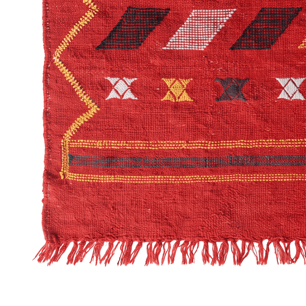 Tapis berbère rouge vif motifs multicolores