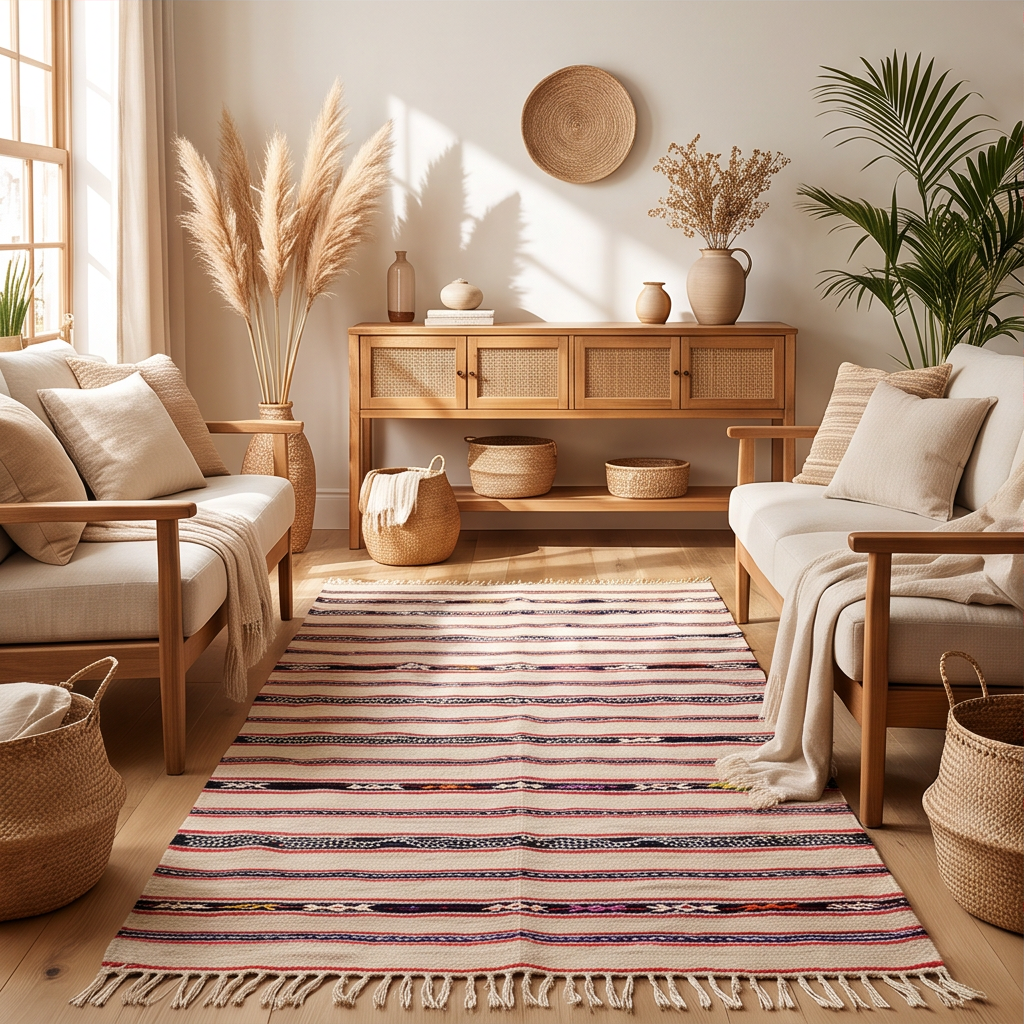 Tapis berbère écru à rayures multicolores