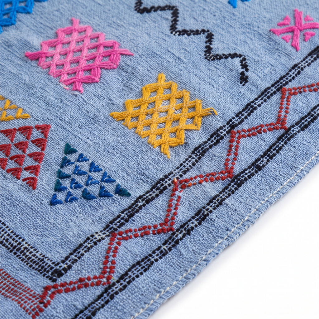 Tapis berbère bleu ciel motifs multicolores