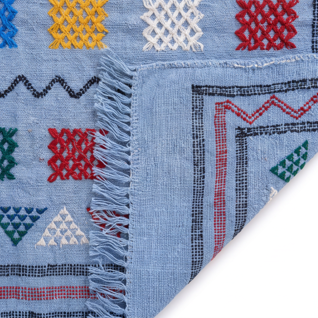 Tapis berbère bleu ciel motifs multicolores