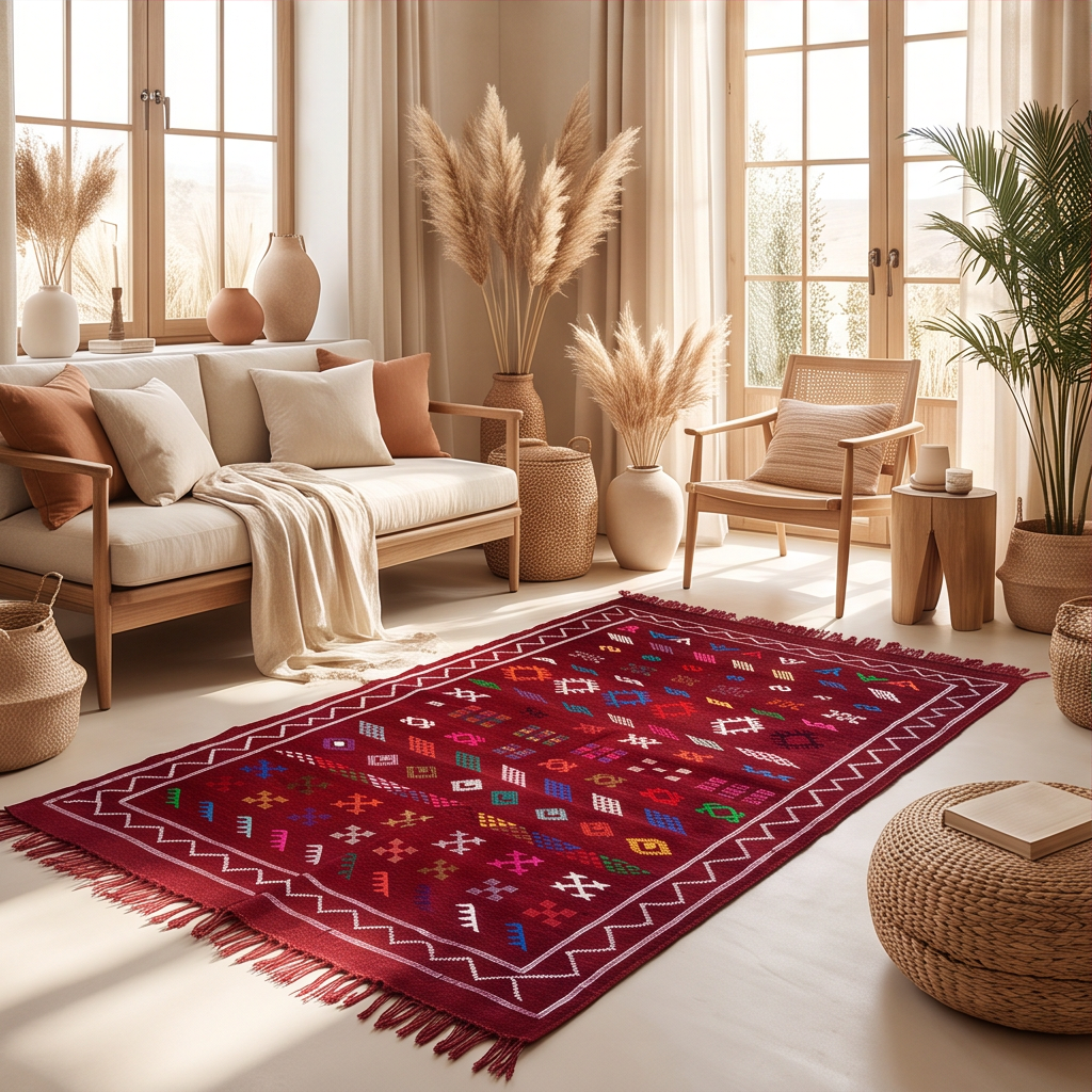Tapis berbère bordeaux motifs colorés