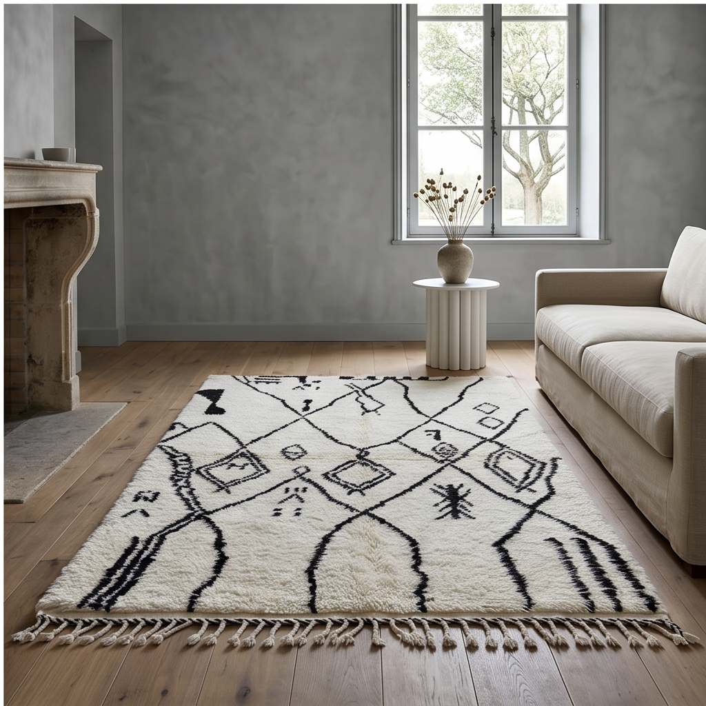 Tapis berbère Azilal blanc à grands losanges et symboles noirs
