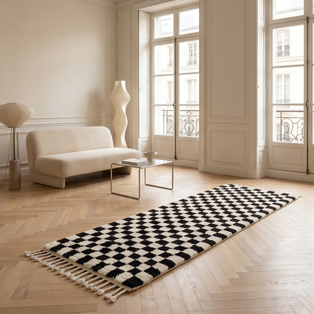 Tapis couloir berbère damier noir - Sur mesure