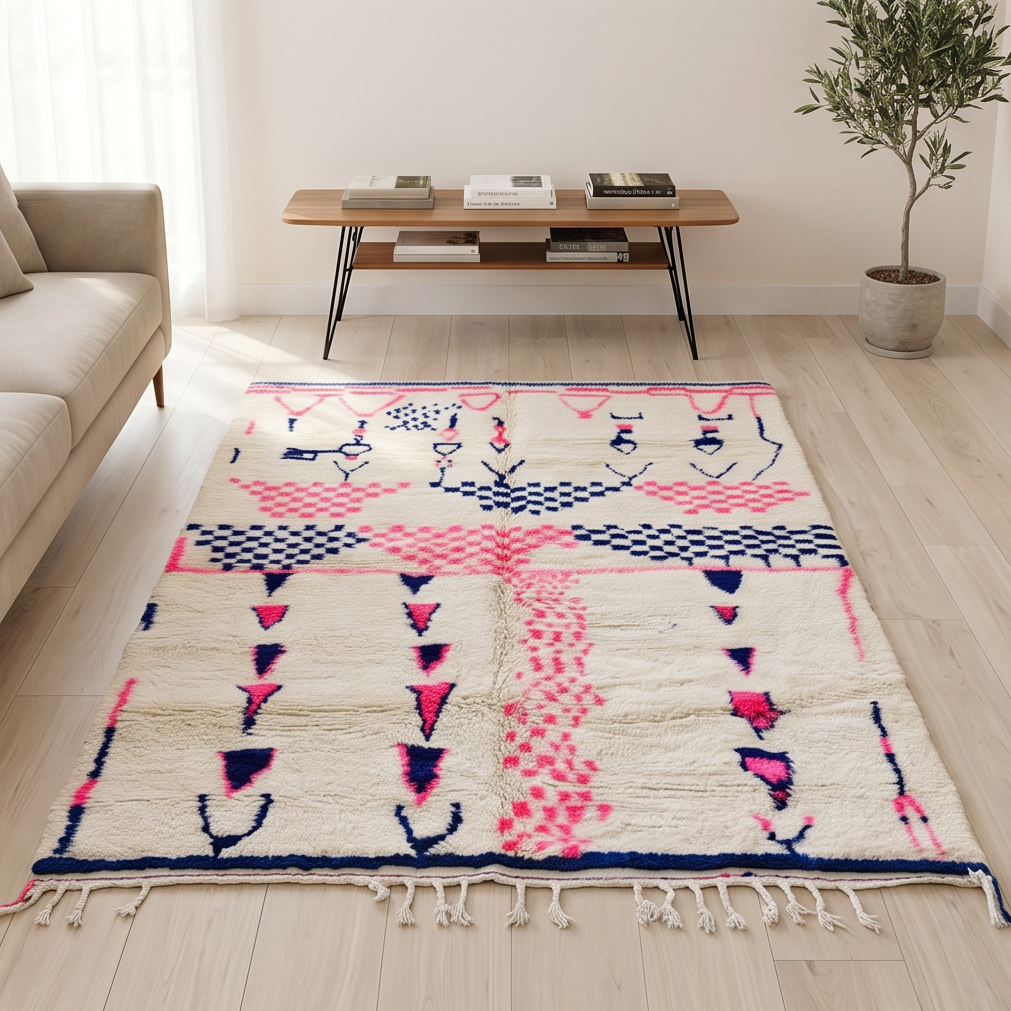Tapis Azilal motif rose et bleu