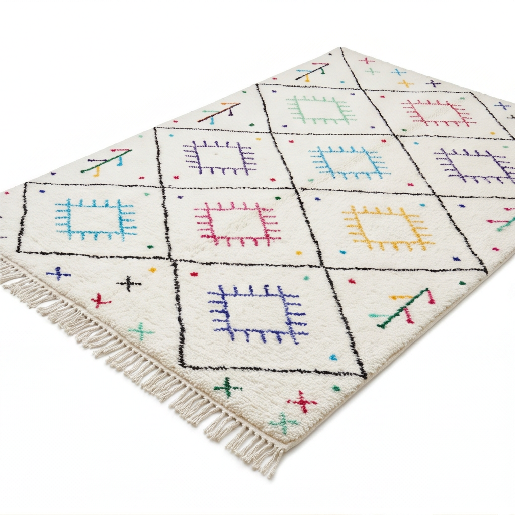 Tapis Berbère à carrés frangés multicolores