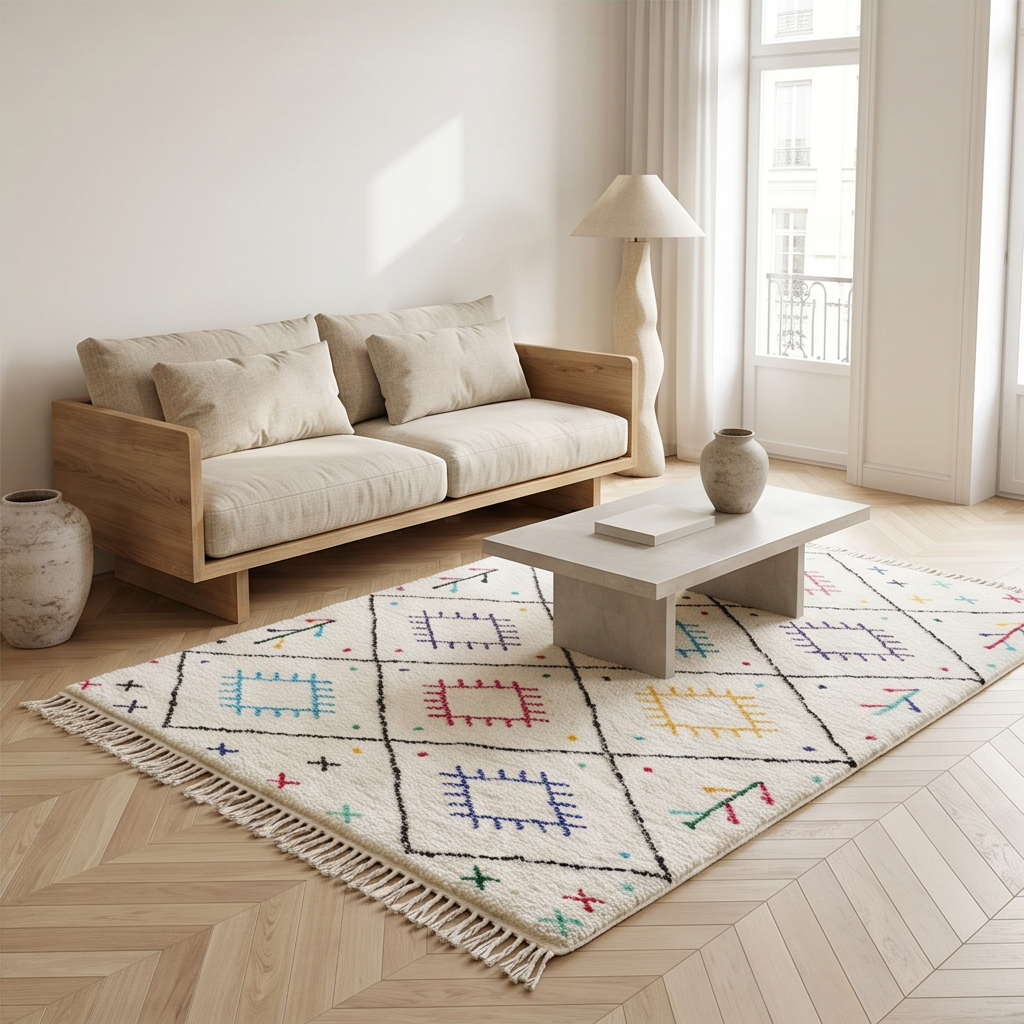 Tapis Berbère à carrés frangés multicolores