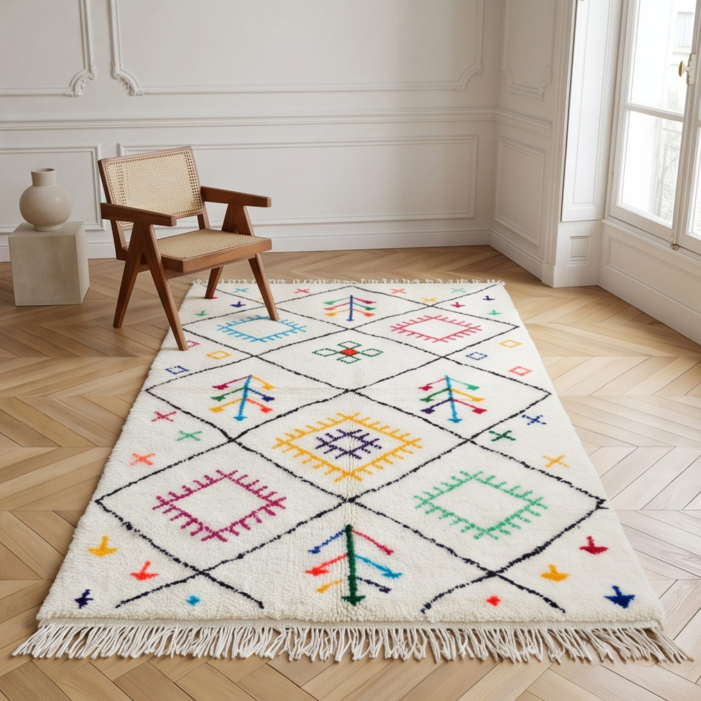 Tapis marocain à motifs tribaux multicolores