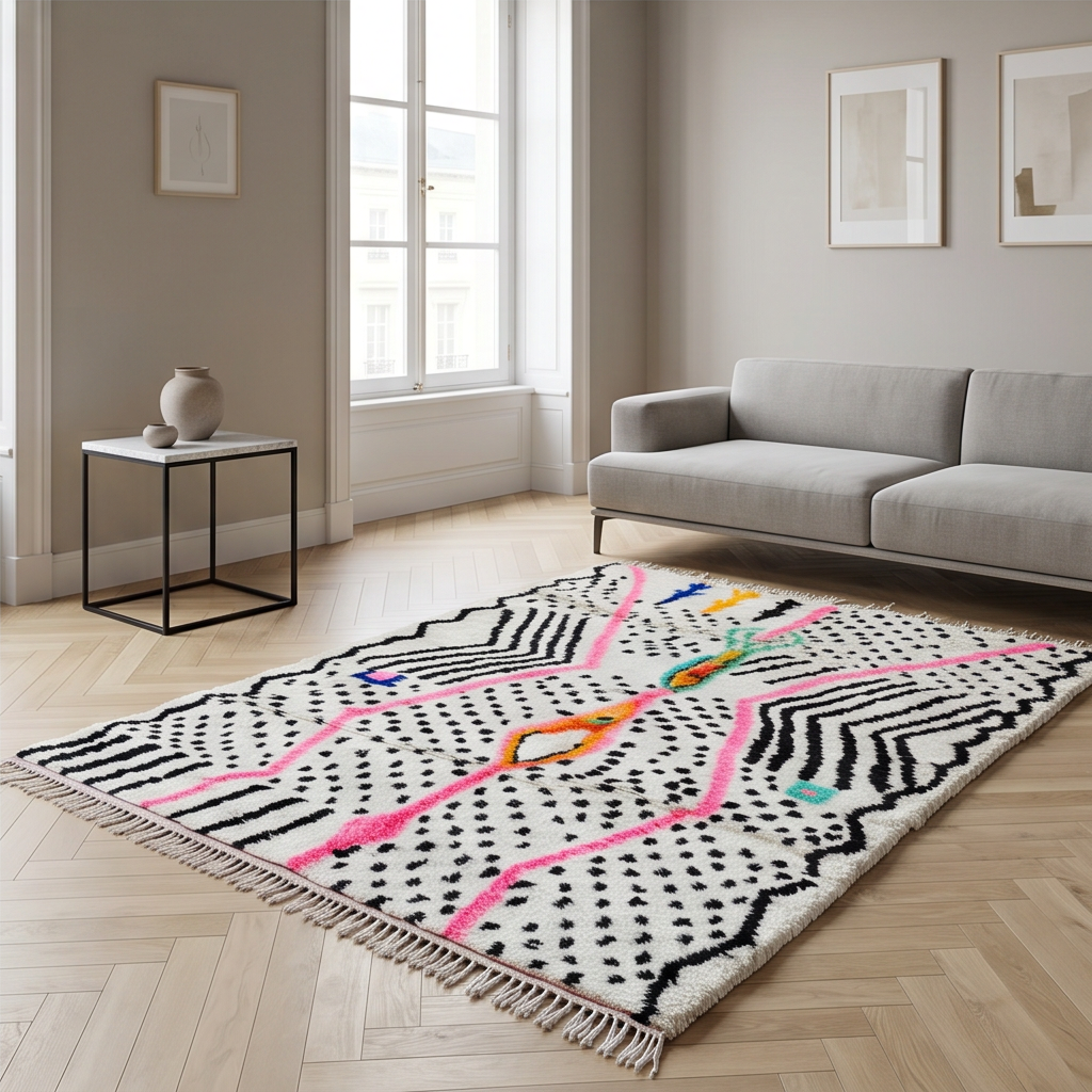 Tapis Azilal à motifs noirs et rose