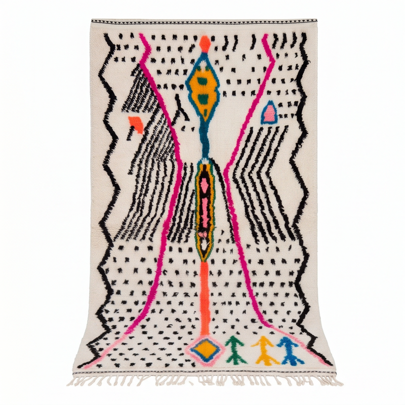 Tapis Azilal motifs colorés et pois noirs
