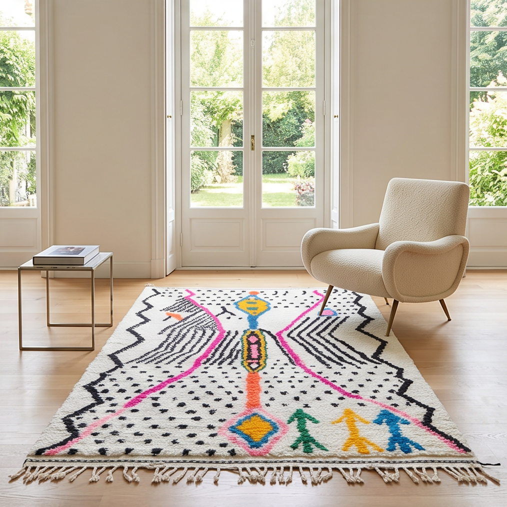 Tapis Azilal motifs colorés et pois noirs