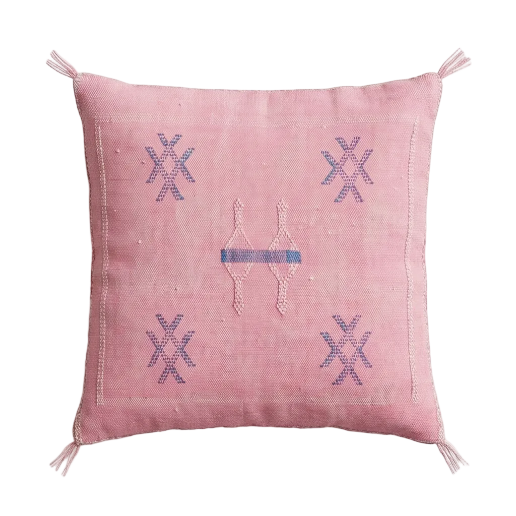 Coussin Cactus Soie rose à motifs bleus