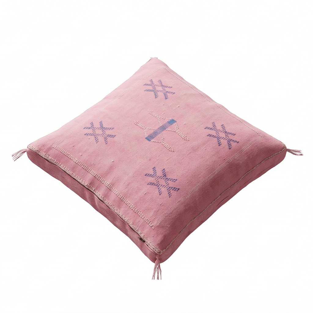 Coussin Cactus Soie rose à motifs bleus