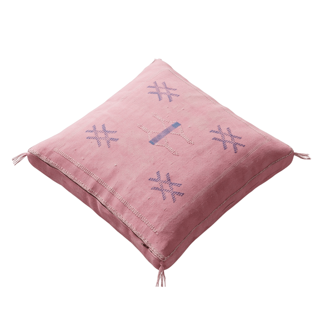 Coussin Cactus Soie rose à motifs bleus