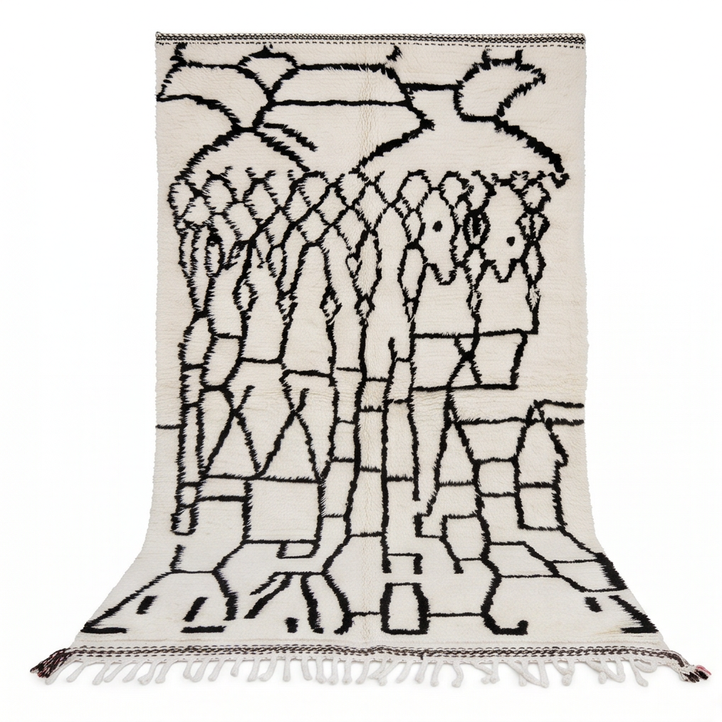 Tapis Azilal blanc aux motifs noirs
